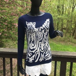 Lilly Pulitzer abstract zebra sweater navy cream